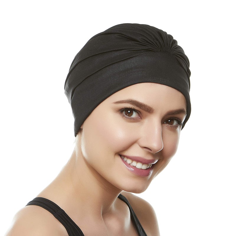 Beemo Swim Caps for Women Swimming Turban Polyester Latex Lined Pleated for Ladies-2pk Blk/BLK - Image 3